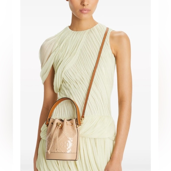 Tory Burch Mini T Monogram Bucket Bag Warm Chai Patent Leather w/Dust Bag - Picture 13 of 16